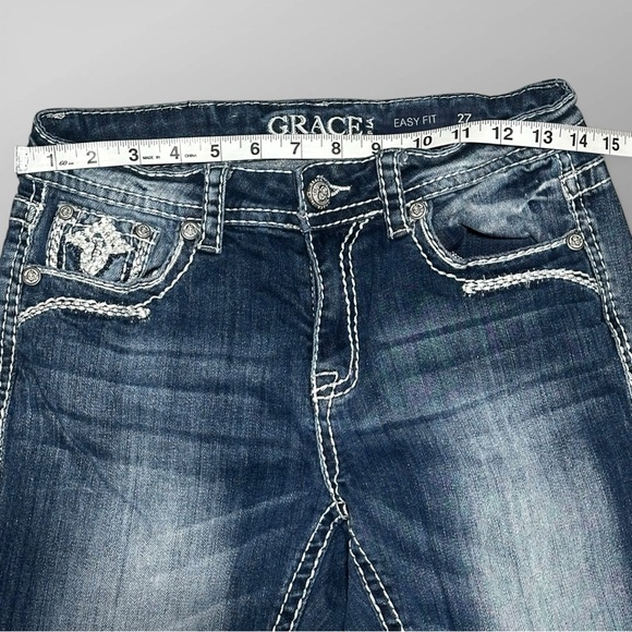 Grace LA Y2K Capri Jeans Sz 27 Easy Fit Embroidered Thick Stitch - Picture 4 of 9